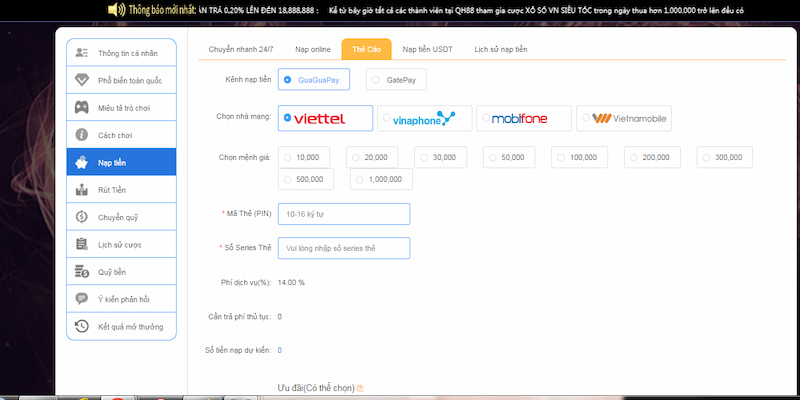 Nạp tiền tại QH88 qua cách nộp online đơn giản